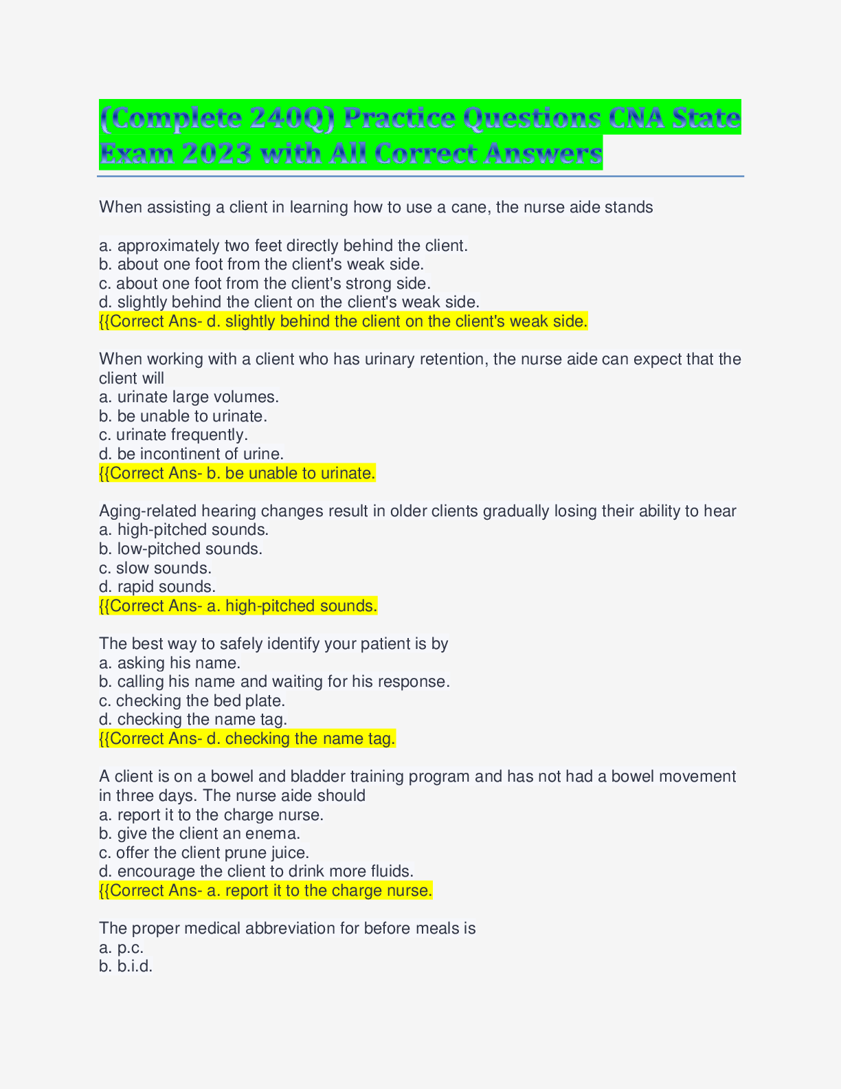 Preview image for (Complete 240Q) Practice Questions CNA State Exam 2023 with All Correct Answers